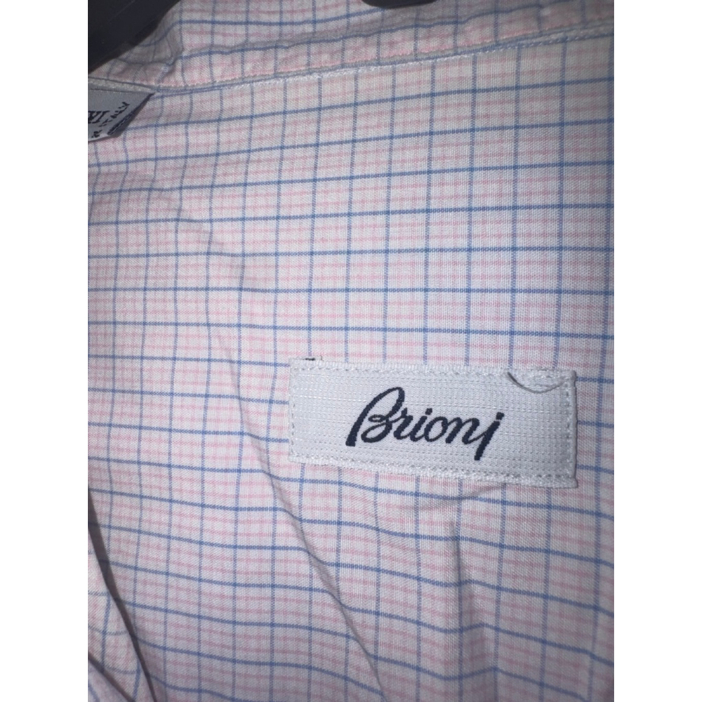 Brioni Cotton Dress Shirt Short Sleeve XL White Pink Blue Plaid Made in Italy - Picture 4 of 11
